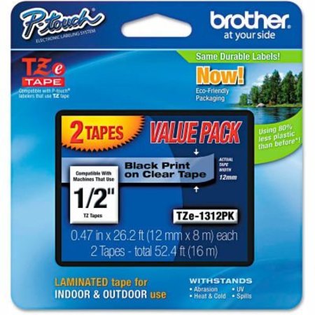 BROTHER Brother® P-Touch® TZe Labeling Tapes, 1/2"W, Black on Clear, 2/Pack TZE1312PK